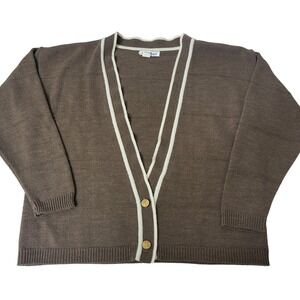Vtg 70s/80s British Vogue Brown Knit Cardigan Cream Trim 2-Button Sweater Wm Lg